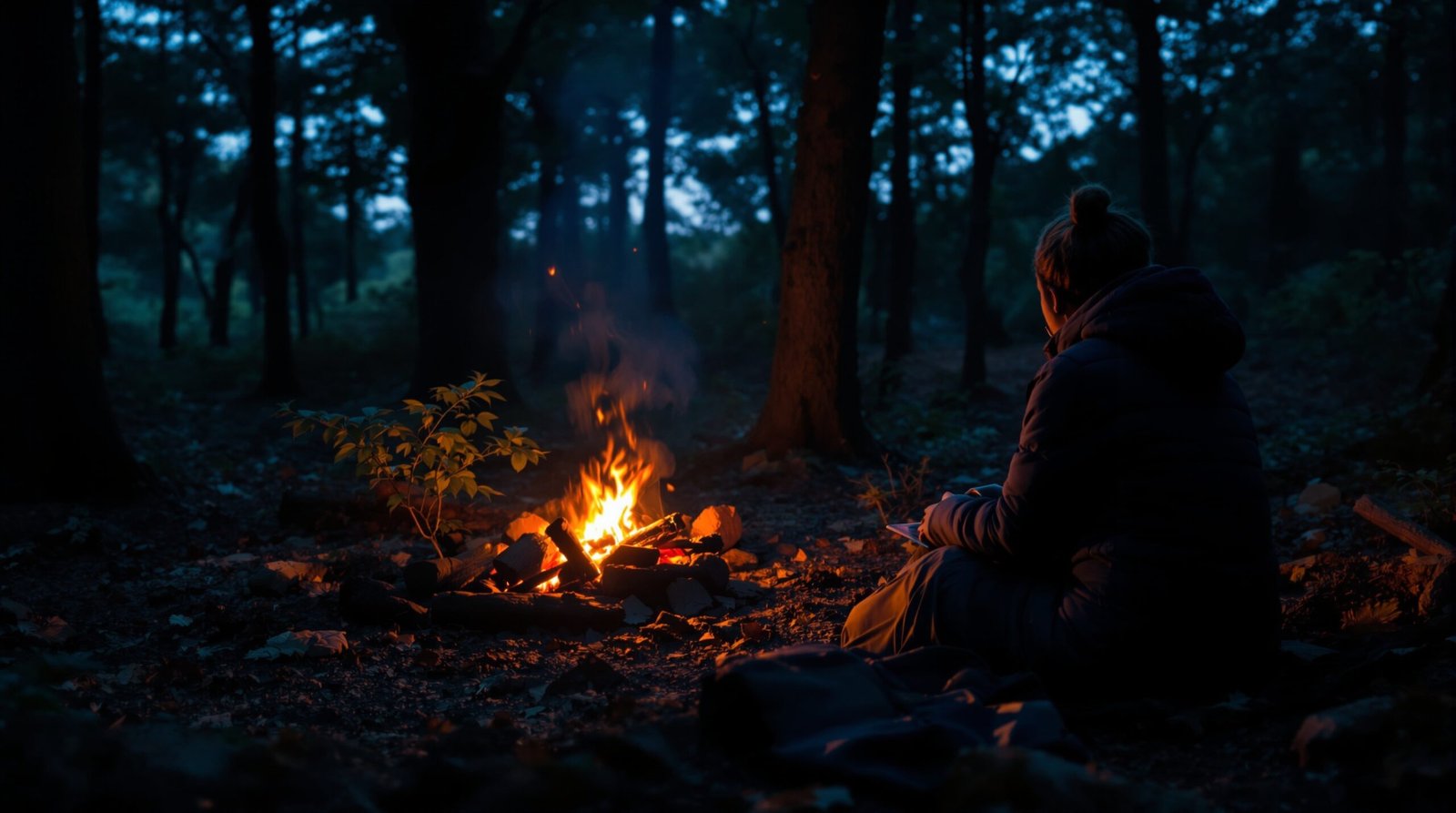 persona campando en la noche en un bosque con mochila ryderco